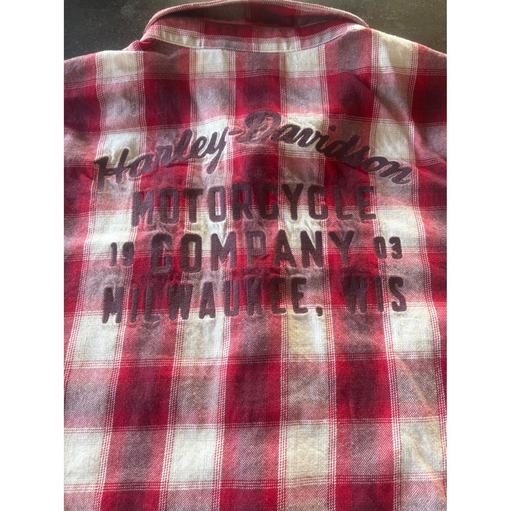 Harley-Davidson Mens 2XL Red White Plaid Flannel Shirt Short Sleeve Button Up - Picture 3 of 8